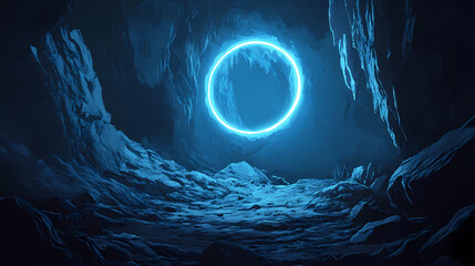 Wall Mural - A glowing neon circle illuminates the dark, cavernous space. the light casts an ethereal glow on the rugged rock walls, creating a mysterious and alluring atmosphere. Cavernous. Illustration