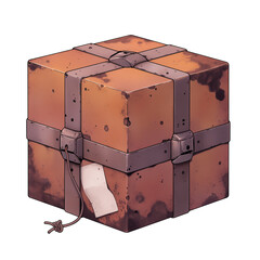 Poster - Rusty copper gift box with metal straps and tag, isolated on white