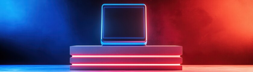 Poster - Futuristic computer display on minimal podium with vibrant lighting