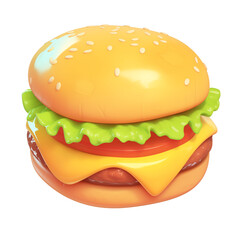 Poster - 3D cartoon hamburger icon with cheese, lettuce, and tomato isolated on white