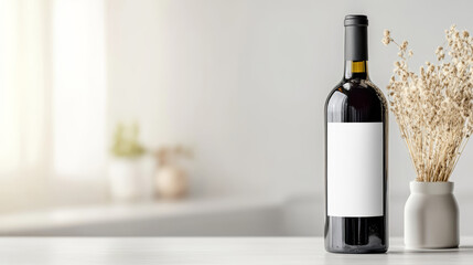 Wine bottle with blank white label stands on table in modern kitchen, ideal for showcasing label designs