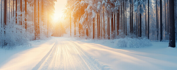 Wall Mural - snow-covered countryside road leading through a frosted forest with trees arching over the path and 