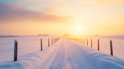 Wall Mural - Tranquil winter scene: a rural road leading to a farm at sunset, blanketed in fresh snow