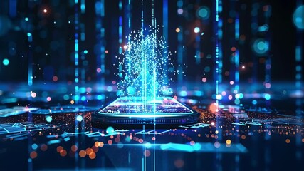 Poster - Glowing particles and light trails flow into a futuristic smartphone, representing data transfer and advanced technology in an abstract digital world