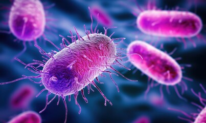 Poster - Bacteria close-up, vibrant colors, microscopic view, detailed structure, filamentous appendages, purple and blue hues