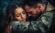 © k_viktar - Emotional embrace between soldier and partner, showcasing love and support amidst military backdrop. Intense connection, deep emotions, vulnerability.