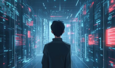 Poster - Futuristic digital landscape with young boy, immersive data environment, glowing screens, vibrant colors, technology theme