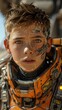 © M_H_L - A young boy with futuristic cybernetic features and an orange suit in a sci-fi setting.