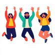 © Preeyanuch - A group of friends joyfully jumping in the air, expressing happiness and excitement in a vibrant, colorful illustration.