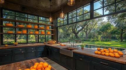 Sticker - A modern kitchen features large windows letting in natural light, showcasing an outdoor garden with trees. Fresh oranges are displayed on the counter.