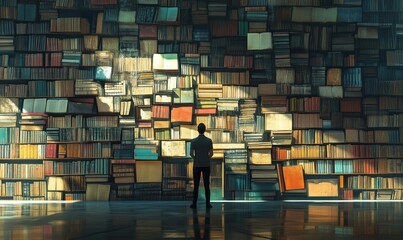Poster - Person standing before vast bookshelf, contemplating knowledge, books stacked, colorful spines, serene atmosphere, light filtering