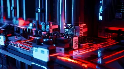 Poster - Robotic arm is placing a microchip on a futuristic, glowing motherboard in a dark environment. This showcases innovative manufacturing processes