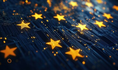 Poster - Stars on circuit board, glowing orange stars, digital technology background, abstract design, futuristic aesthetic