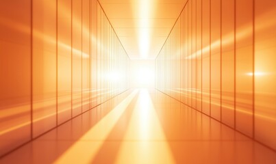 Poster - Illuminated corridor with orange hues, bright light at end, sleek walls, reflections, modern design, futuristic atmosphere
