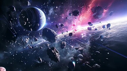 Wall Mural - vibrant galaxy with colorful nebulae, shooting stars, and asteroids heading towards a planet, captur