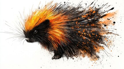 Wall Mural - A vibrant watercolor depiction of a porcupine set against a white background.