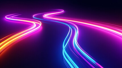 Fototapete - Abstract neon pathways. Bright lines curving in various directions. Dark background highlighting glowing colors. Horizontal banner web cover, print ad, presentation, brochure template