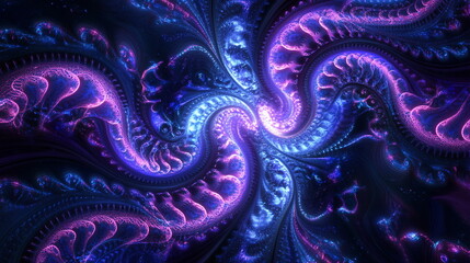 Fototapete - Electric neon fractals. Intricate patterns pulsating in shades of blue and violet. Glossy finish with luminous highlights. Horizontal element for presentation, business, corporate, institution