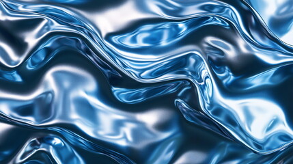 Fototapete - Fluid metallic texture. Neon reflections in a wavy surface. Deep blue and silver hues blending harmoniously. Horizontal banner web cover, print ad, presentation, brochure template