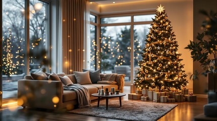Poster - a cozy living room decorated for Christmas, featuring a large tree adorned with white lights and ornaments, a comfortable couch with throw pillows, and a large window with a view of trees also decorat