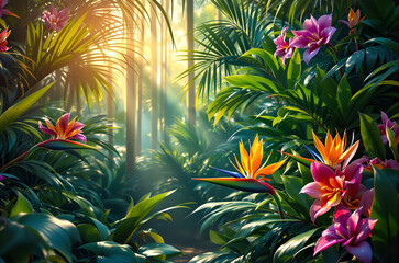 Aufkleber - The image depicts a lush tropical scene with vibrant flowers and green foliage, bathed in warm sunlight filtering through the trees.