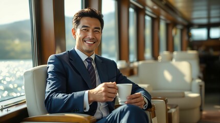 Poster - a man sitting in a chair by a window, wearing a suit and tie, and holding a book. A businessman enjoys a moment on a scenic cruise.