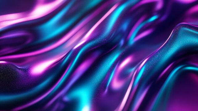Glowing wavy lines. Fluid movement in shades of turquoise and lavender. Metallic surface reflecting light sources. Horizontal element for presentation, business, corporate, institution