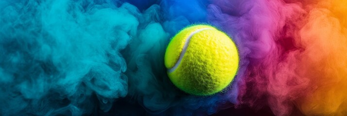 A tennis ball is in the middle of a colorful cloud of smoke