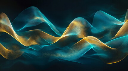 Fototapete - Illuminated neon curves in teal and gold, forming a dynamic wave pattern that evokes movement and fluidity. Horizontal element for presentation, business, corporate, institution