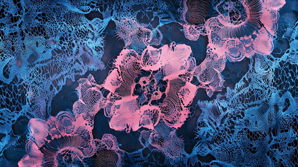 Fototapete - Neon lace patterns in soft pinks and blues, creating an intricate texture that glows subtly against a midnight background. Horizontal element for presentation, business, corporate, institution