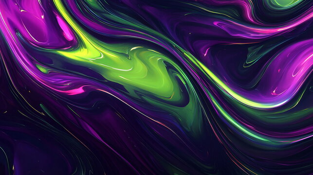 Neon ripple effect. Abstract shapes pulsating in shades of green and purple. Glossy finish creating depth and texture. Horizontal element for presentation, business, corporate, institution
