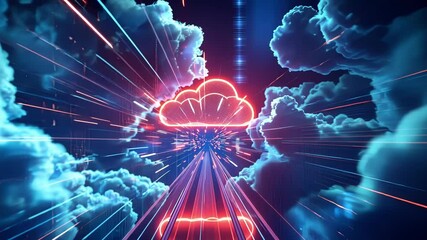 Poster - Light trails and binary code streams converge towards a glowing cloud symbol, representing the rapid advancement and transformative power of cloud computing in the digital age