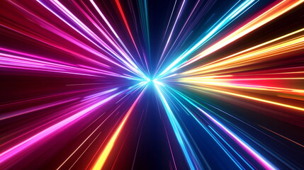 Fototapete - Radiant light patterns. Intersecting rays in vibrant colors. Dynamic contrast and glowing highlights in dark space. Horizontal element for presentation, business, corporate, institution