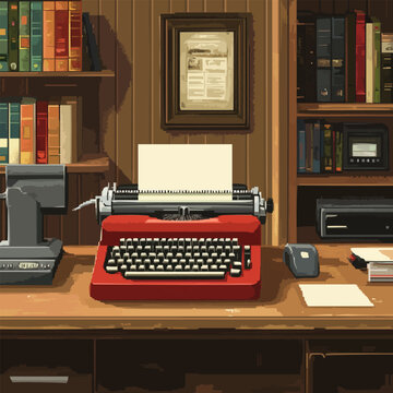 Illustrate pixel art retro office environments with vintage typewriters, rotary phones, and classic furnishings, vector icon design, flat style.