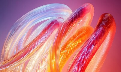 Abstract twisting translucent glass tubes with colorful light.