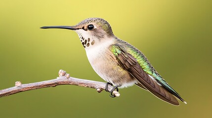 Wall Mural - A small hummingbird perched on a twig against a blurred green background.