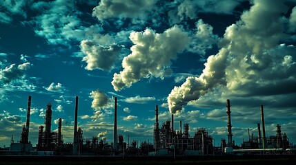 Wall Mural - Industrial landscape of refinery with heat towers and smoke getting out of the towers, chemical factory products and pollution caused by them damaging environment