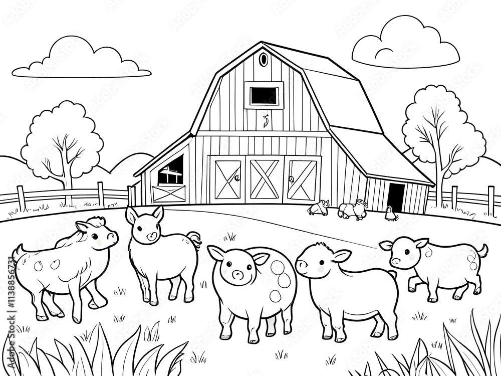 Charming Farm Animals Coloring Page: A Delightful Scene of Pigs and a ...