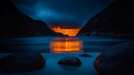 Canvas Print - Dramatic lightning storm over a serene beach at night.