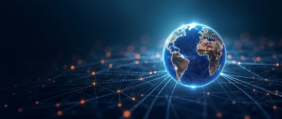 Poster - A Professional Poster Displaying a Glowing Globe Surrounded by Connecting Lines Symbolizing Global Outreach and Connectivity for Business Presentations and Campaigns