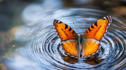 Canvas Print - Orange butterfly on calm water, creating ripples.