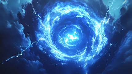 Wall Mural - An abstract round swirl in 3d blue energy mixed with a speed vortex wave flare element. a futuristic spiral multiverse teleport with lightning and electric tunnels. Vortex. Illustration