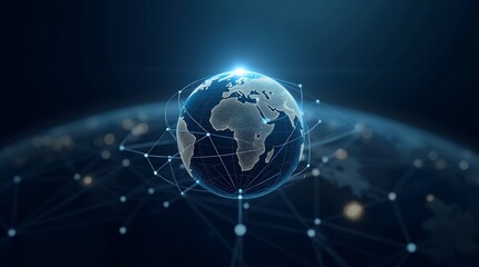 Poster - A Professional Poster Showcasing a Glowing Globe at the Center With Connecting Lines Symbolizing Global Outreach and Connectivity in Business and Technology