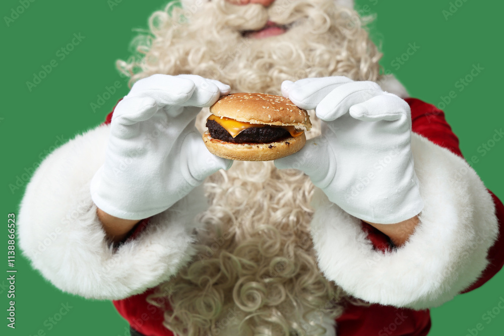 Santa Claus with tasty burger on green background, closeup