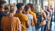 © Yalexai - Diverse group of people waiting in line for an event inside a modern building, highlighting community and patience in a vibrant urban setting