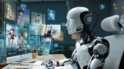 Poster - Robot artist sits at a desk, drawing on a digital pen display while focusing on a computer screen filled with vibrant anime characters. Creativity merges with technology in this innovative workspace