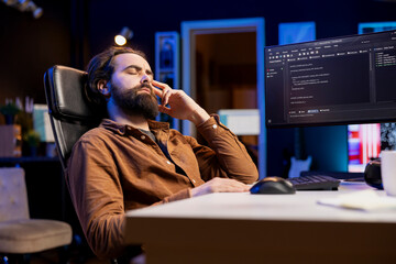 Poster - programmer suffering from headache while filtering malicious traffic from cybercriminals attempting 