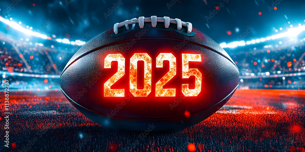 Fiery American Football with 2025 Countdown in Stadium for Big Super