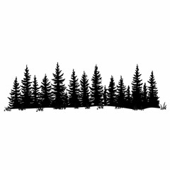 Black silhouette of a coniferous forest with grass at the base, isolated on white background.