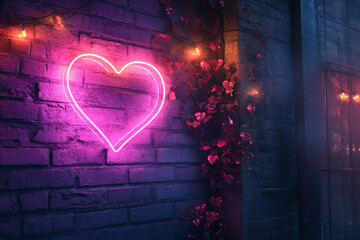 Pink neon heart glowing on dark brick wall, romantic symbol of love and passion, perfect for Valentine’s Day backgrounds, wedding invitations, nightlife posters, urban art decor, and trendy social med